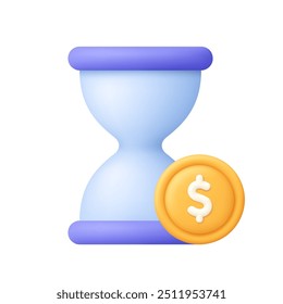 Ampulheta, moeda de relógio de areia com sinal de dólar. Conceito de empresa e finanças, orçamento, investimento, tempo e prazo. ícone de vetor 3d. Estilo mínimo de desenho animado.