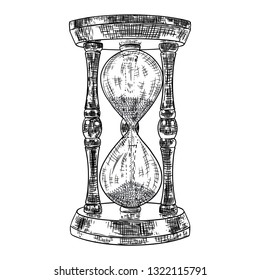 Hourglass or sand clock engraving. Black and white hand drawn sketch, isolated. Vector