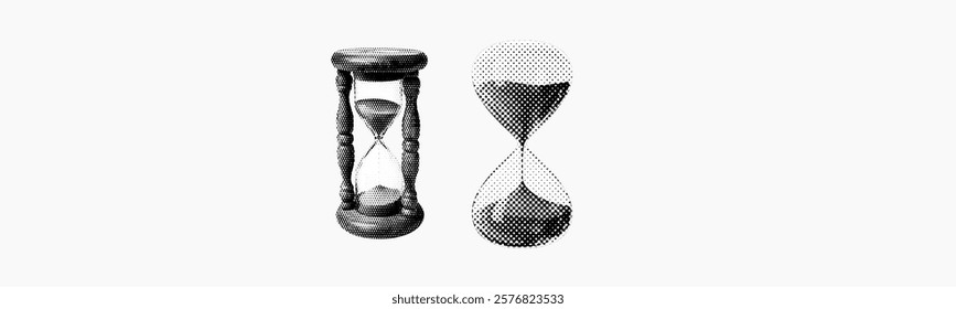 hourglass sand clock isolated on white background halftone vintage dots texture cut-out retro magazine style collage element for mixed media grunge design