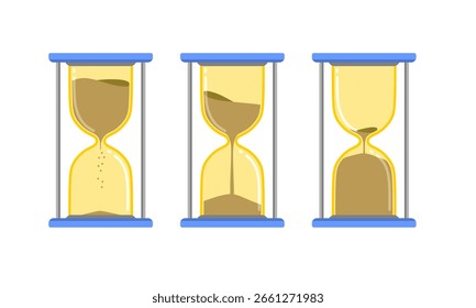 Ampulheta com contagem regressiva de areia isolada sobre fundo branco . Conceito de negócio, tempo e prazo. Ilustração de vetor. 