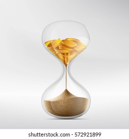 Hourglass with sand and gold coins. Stock vector illustration.