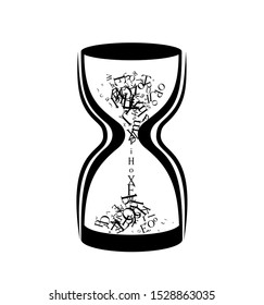 Hourglass with sand from letters. Vector decoration from scattered elements. Monochrome isolated silhouette. Conceptual illustration.