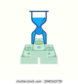 Hourglass sand passing from upper to lower become robot hand placing bundles of dollar banknote. Conceptual illustration of productivity. Vector illustration outline flat design style. 