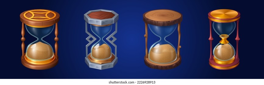 Hourglass con los íconos del juego de los accesorios de arena, activos del usuario. Relojes antiguos aislados, temporizador con base de madera, metal o oro , relojes de vidrio retro con decoración, cuenta de tiempo ilustración vectorial 3d de dibujos