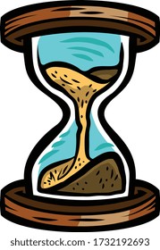 Hourglass with sand running down -- old-fashioned device for measuring time in cartoon illustration style