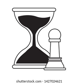 hourglass sand timer with chess pawn icon cartoon in black and white vector illustration graphic design