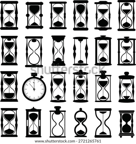 Hourglass and sand timer icon set. Containing antique sand clocks, time measurement tools, countdown stopwatches, glass bulbs, and flow limits.
