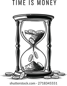 El tiempo del temporizador de arena de reloj de arena es una Ilustración vectorial de dinero para el concepto de gestión de plazos de productividad empresarial y el diseño de éxito financiero aislado negro sobre transparente