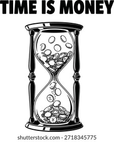 El tiempo del temporizador de arena de reloj de arena es una Ilustración vectorial de dinero para el éxito comercial, valor, concepto financiero y diseño de recordatorio de fecha límite aislado negro sobre transparente