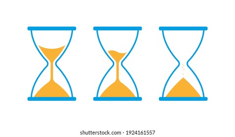 Hourglass, sandglass icon set. Blue and yellow classic sandglass. Flat vector illustration isolated on white.