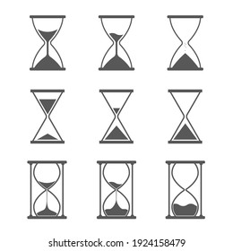 Hourglass, sandglass icon set. Classic shape, triangular and round. Flat vector illustration isolated on white.