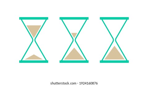 Hourglass, sandglass icon set. Triangular hourglasses. Flat vector illustration isolated on white.