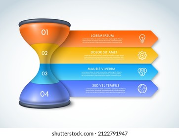 Hourglass sandglass infographic template with 4 arrows, steps, options, parts. Time management concept. Can be used for diagram, graph, presentation, chart.