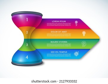 Hourglass sandglass infographic template with 4 steps, options, parts. Time management concept. Can be used for diagram, graph, presentation, chart.