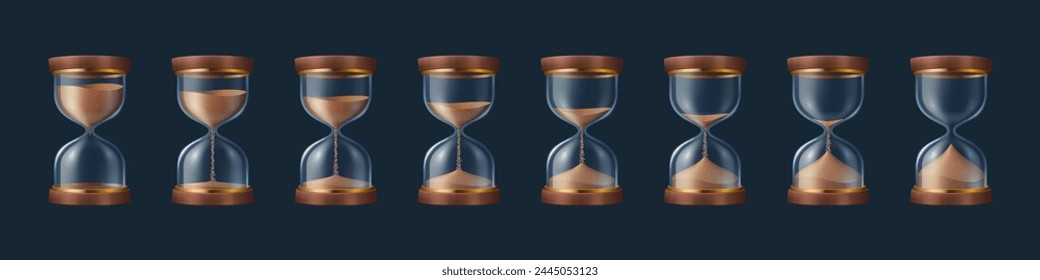 Hourglass and sandglass sprite animation sheet. Realistic 3d vector glass clock with falling sand, time sequence frame for game, application timer, loading process, gui interface design element