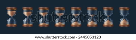 Hourglass and sandglass sprite animation sheet. Realistic 3d vector glass clock with falling sand, time sequence frame for game, application timer, loading process, gui interface design element