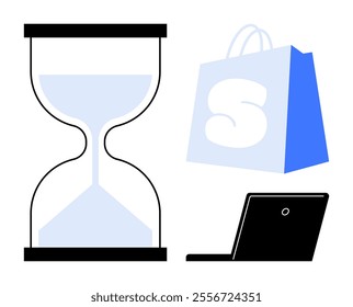 Hourglass, shopping bag, and laptop representing e-commerce, time management, and online shopping. Ideal for digital commerce, productivity, business, online marketing, and modern retail