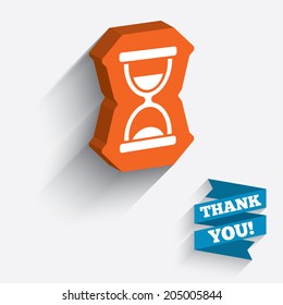 Hourglass sign icon. Sand timer symbol. White icon on orange 3D piece of wall. Carved in stone with long flat shadow. Vector