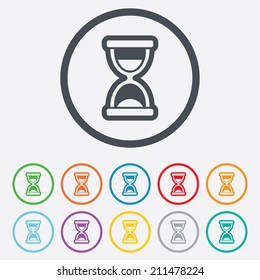 Hourglass sign icon. Sand timer symbol. Round circle buttons with frame. Vector