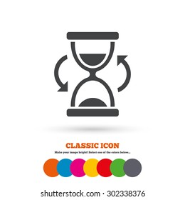 Hourglass sign icon. Sand timer symbol. Classic flat icon. Colored circles. Vector