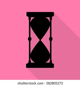 Hourglass sign illustration. Black icon with flat style shadow path on pink background.