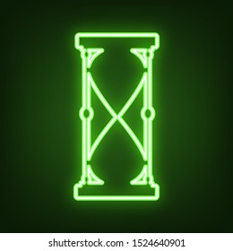 Hourglass sign illustration. Green neon icon in the dark. Blurred lightening. Illustration.