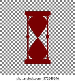 Hourglass sign illustration. Maroon icon on transparent background.