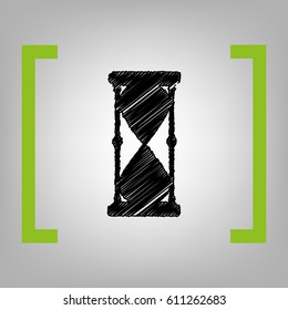 Hourglass sign illustration. Vector. Black scribble icon in citron brackets on grayish background.