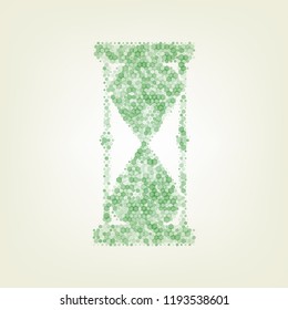 Hourglass sign illustration. Vector. Green hexagon rastered icon and noised opacity and size at light green background with central light.