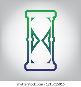 Hourglass sign illustration. Vector. Green to blue gradient contour icon at grayish background with light in center.