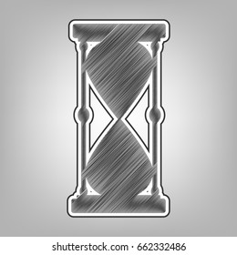 Hourglass sign illustration. Vector. Pencil sketch imitation. Dark gray scribble icon with dark gray outer contour at gray background.