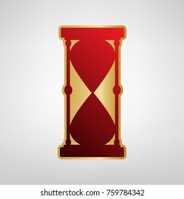 Hourglass sign illustration. Vector. Red icon on gold sticker at light gray background.