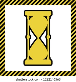 Hourglass sign illustration. Vector. Warm yellow icon with black contour in frame named as under construction at white background. Isolated.
