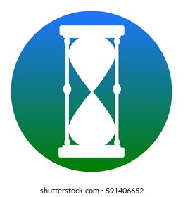 Hourglass sign illustration. Vector. White icon in bluish circle on white background. Isolated.