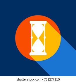 Hourglass sign illustration. Vector. White icon on tangelo circle with infinite shadow of light at cool black background. Selective yellow and bright navy blue are produced.