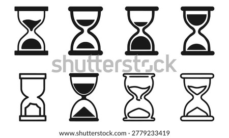 Hourglass silhouette icon set in vector style showing time, sand, and measurement designs. EPS Vector.