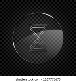 hourglass, simple icon. Icon in circle glass bubble on dark transparent grid. Glass style