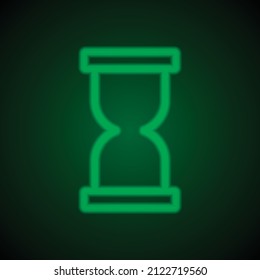 Hourglass simple icon. Flat desing. Green neon on black background with green light.ai