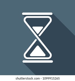 hourglass, simple icon. White flat icon with long shadow on background