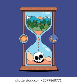 Hourglass with skull and mountain view	