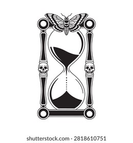 Hourglass With Skulls And Moth Black And White Silhouette