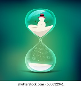 A Hourglass with a snowman for Christmas decorating in a dark green background