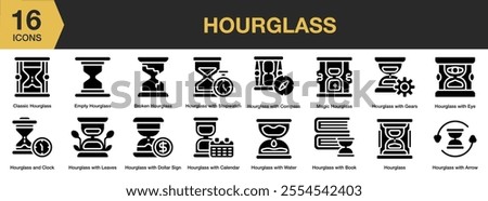 Hourglass solid icon set. Includes classic, broken, empty, leaves, clock, calendar, gears, eye, magic, and More. Solid icons vector collection.
