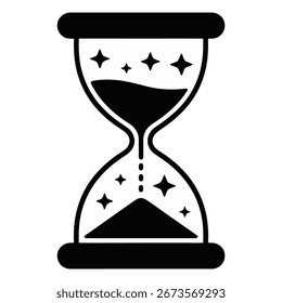 Reloj de arena con estrellas que simbolizan el paso del tiempo en blanco y negro Concepto de diseño minimalista de cuenta regresiva y plazos