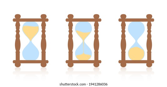 Hourglass - start, halftime and finish sequence. Three sandtimer in timing action, measuring as time goes by, before, during, after. Isolated vector illustration on white background.
