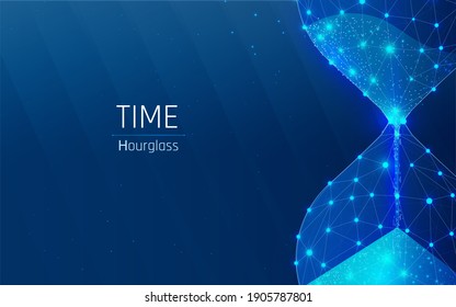 hourglass as a symbol of keeping time . deadline concept. glass flask with sand inside .Time, countdown. vector illustration, triangle, plexus, low poly, looks like constellation  blue background, dot