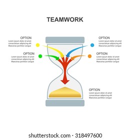 Hourglass - Teamwork and Focus on Results - 4 in 1 vertical converging Aarows, vector Infographicisolated on a white background