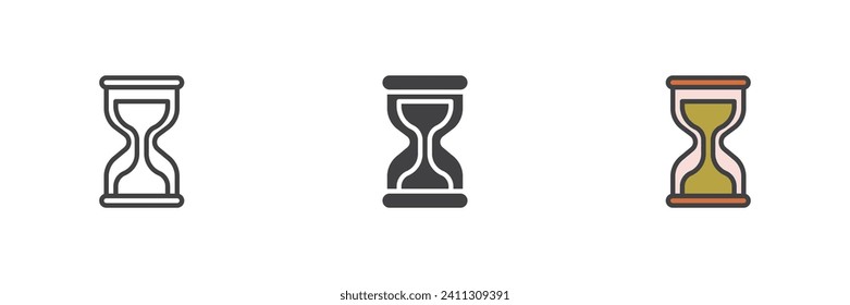 Hourglass time different style icon set. Line, glyph and filled outline colorful version, outline and filled vector sign. Sand clock symbol, logo illustration. Vector graphics