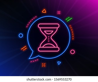Hourglass time line icon. Neon laser lights. Clock sand sign. Watch symbol. Glow laser speech bubble. Neon lights chat bubble. Banner badge with time icon. Vector