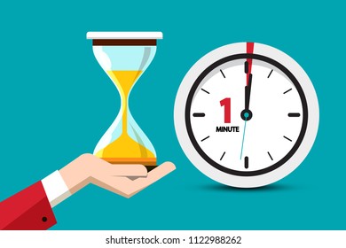 Hourglass Time Symbol On Blue Background. Sand Clock One Minute Vector Flat Design Icon.